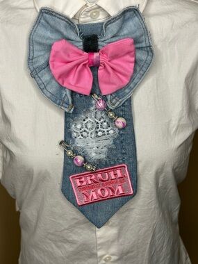 Denim Pink Bow Tie Accent with Bead and Patch Detail